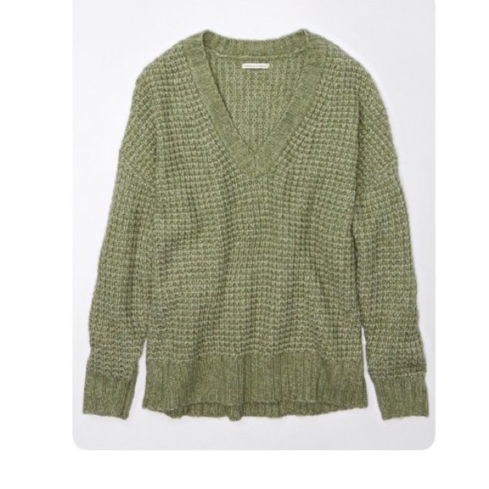 AE Whoa So Cozy Waffle V-Neck Hunter Green Sweater Oversized Women’s Medium